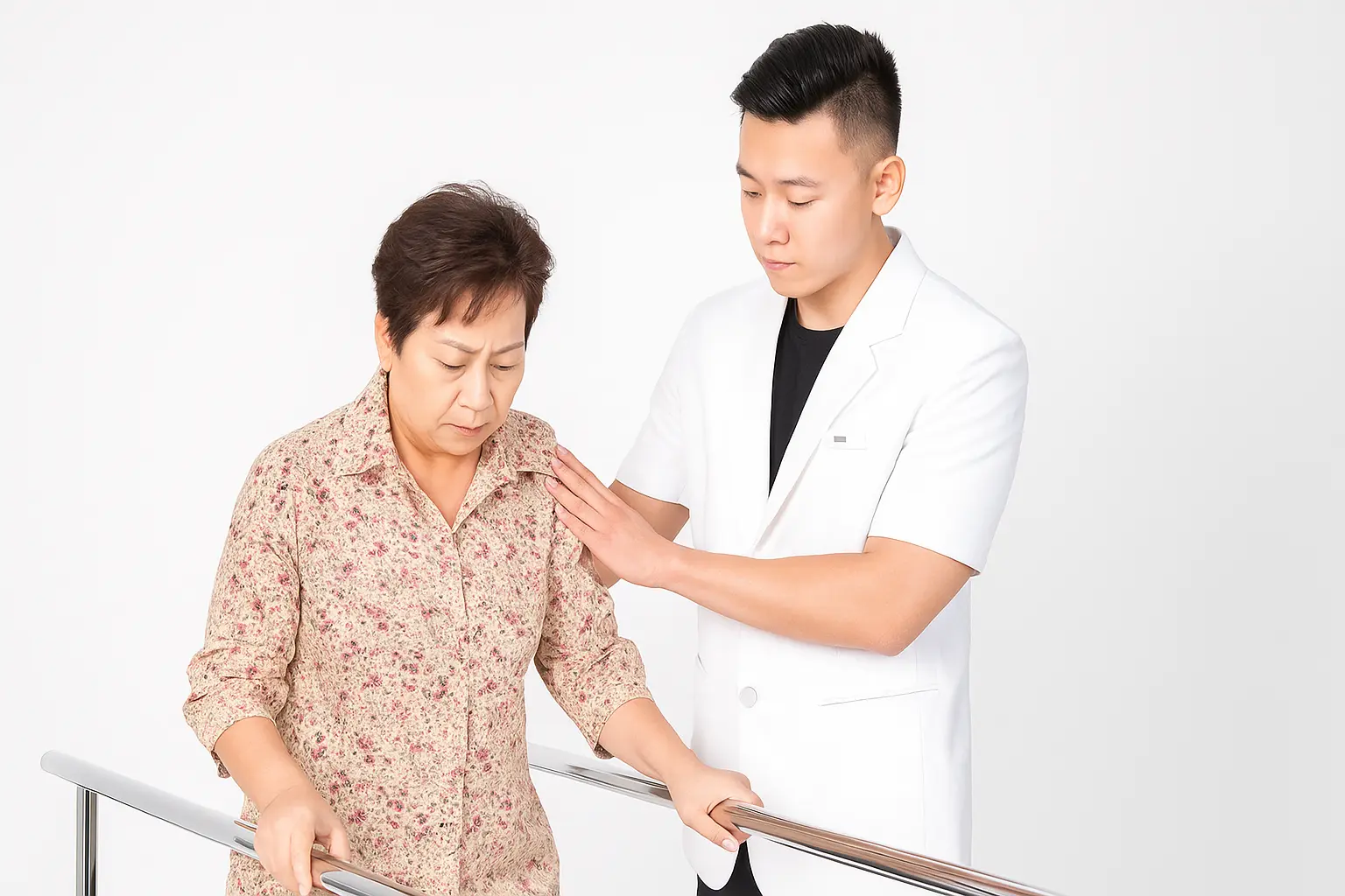 Hỗ trợ phục hồi chức năng đau thần kinh tọa tại nhà Bệnh nhân đang tập vật lý trị liệu phục hồi chức năng thần kinh dưới sự hướng dẫn tại nhà