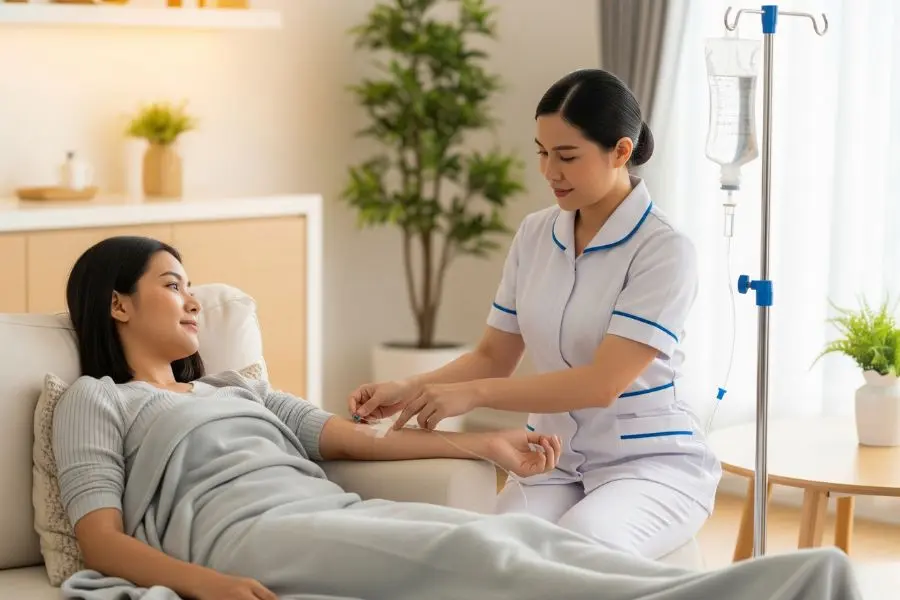 Chăm sóc chuyên nghiệp hạn chế tai biến truyền dịch Điều dưỡng viên đang chăm sóc bệnh nhân tại nhà