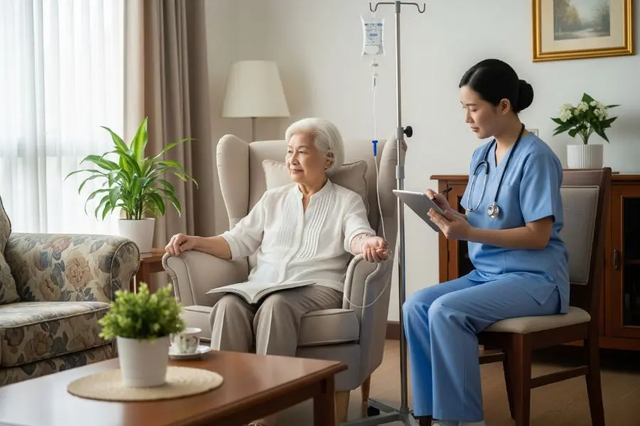 Giám sát chặt chẽ tình trạng bệnh nhân trong quá trình truyền dịch Người nhà đang theo dõi tình trạng bệnh nhân truyền dịch tại nhà